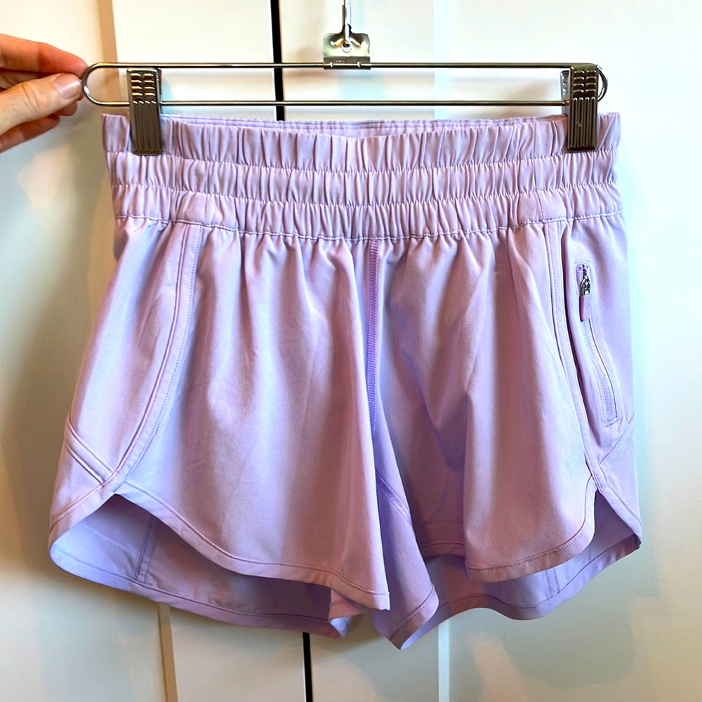 Lululemon Tracker Shorts, sheer lilac, mid rise, 4” inseam